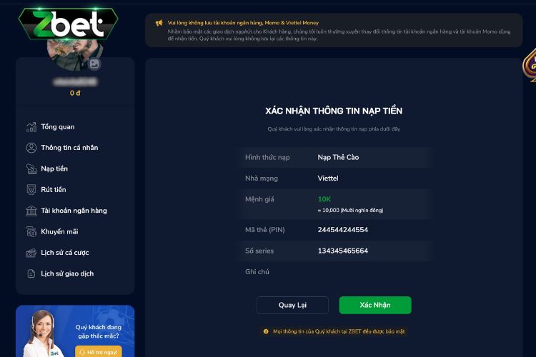 Xác nhận thông tin nạp tiền đối với hình thức thẻ cào Zbet