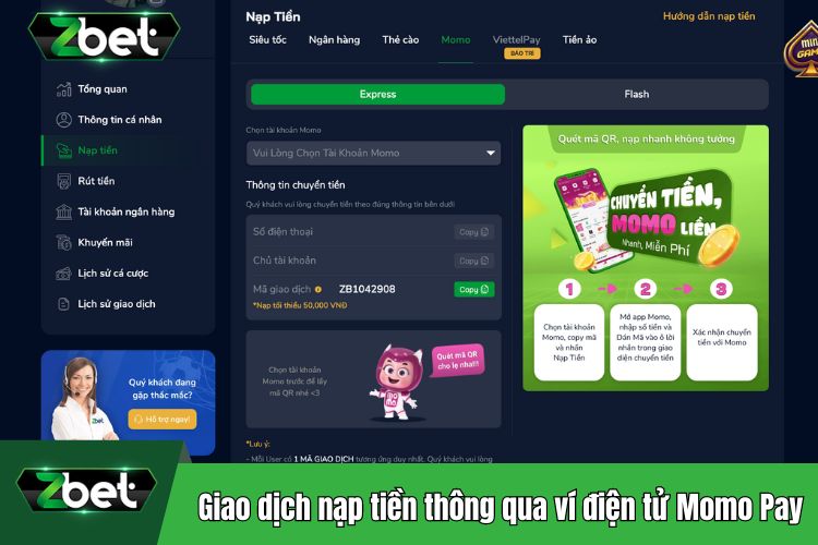 Giao dịch nạp tiền thông qua ví điện tử Momo Pay