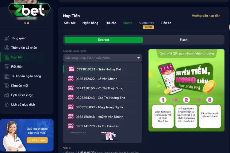Nạp tiền Momo Pay trên Zbet qua Express