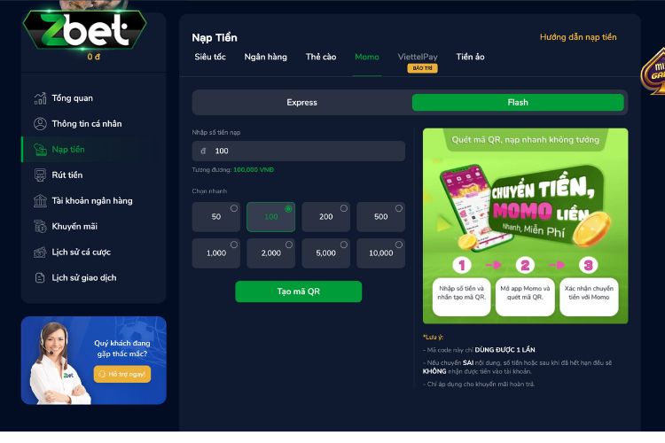 Nạp tiền Momo Pay trên Zbet qua Flash
