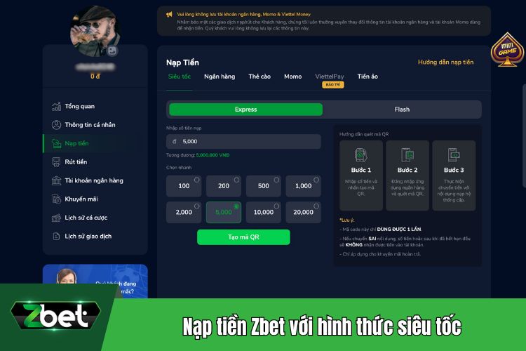 Nạp tiền Zbet với hình thức siêu tốc