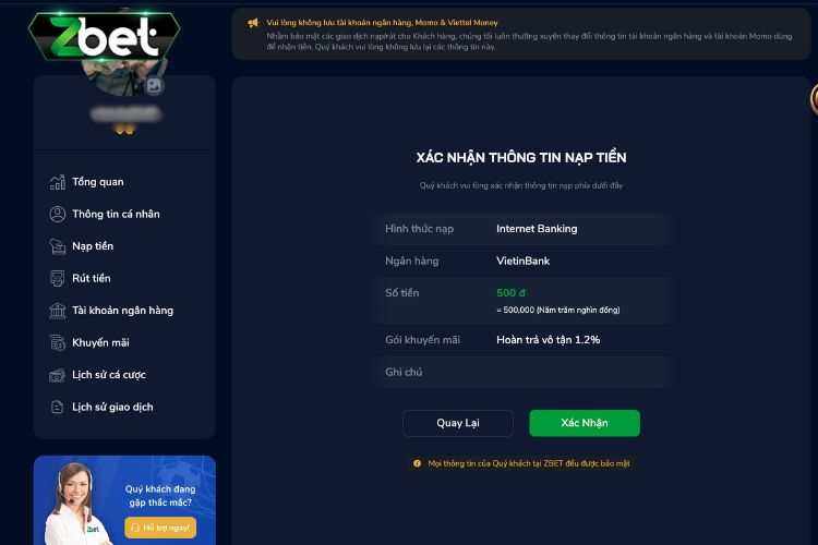 Xác nhận thông tin nạp tiền Zbet bằng ngân hàng