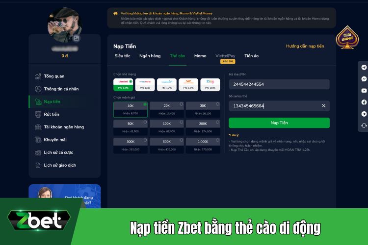 Nạp tiền Zbet bằng thẻ cào di động